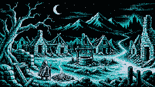 Le héros contemple les ruines de son village sous la lune